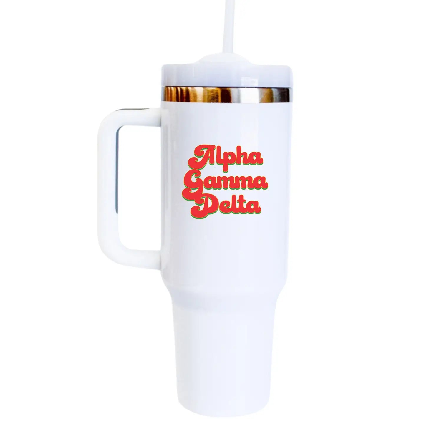 Alpha Gamma Delta tumbler with insulated stainless steel design, featuring bold AGD Greek letters, spill-proof lid, and perfect for keeping drinks hot or cold on the go