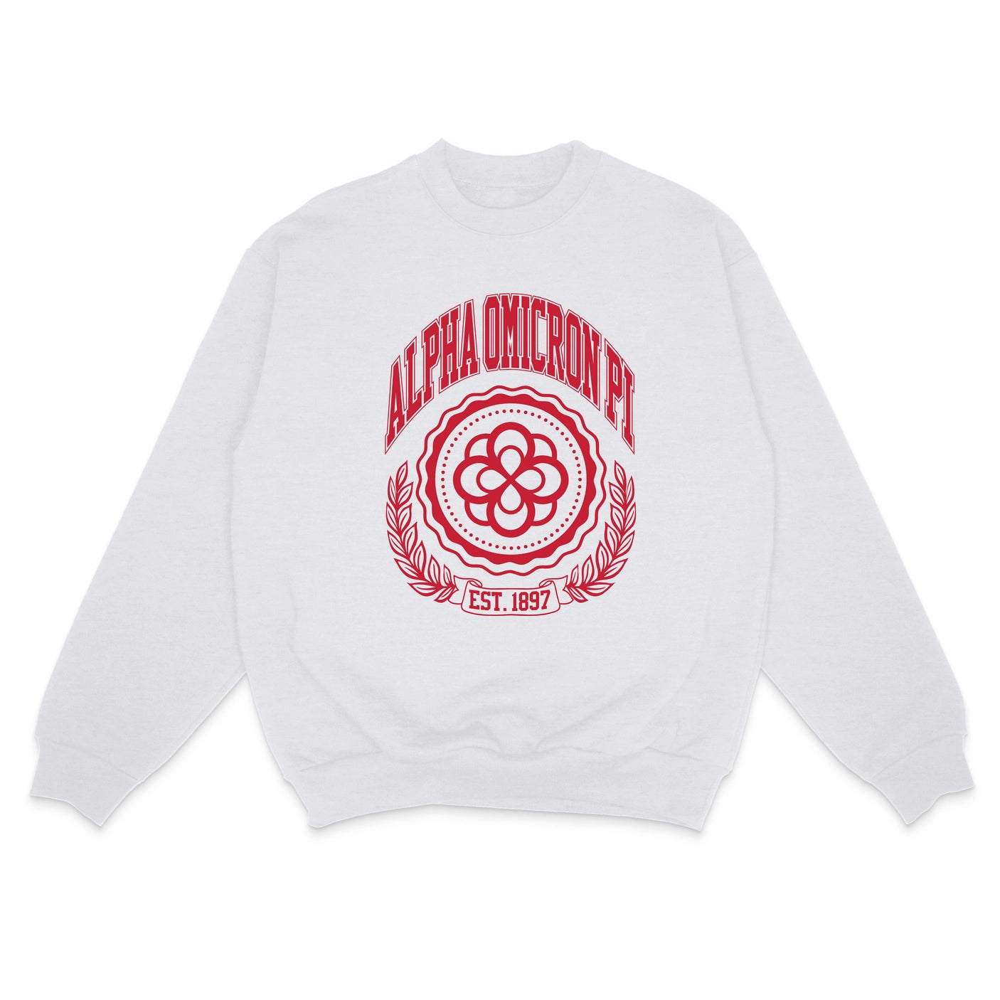 AOII crew neck sweatshirt featuring Greek letters, soft fabric, and a comfortable, relaxed fit, perfect for representing Alpha Omicron Pi in style