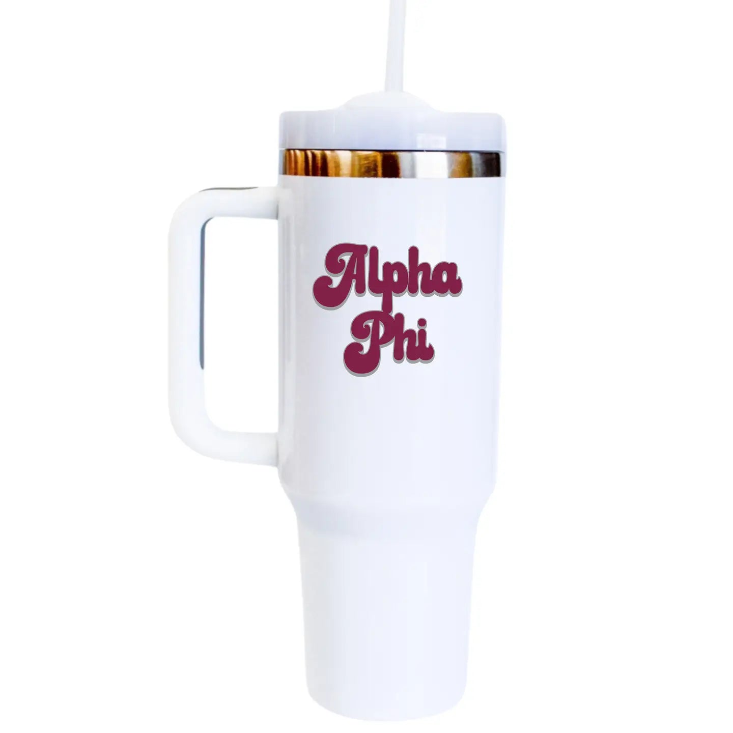 Alpha Phi tumbler with insulated stainless steel design, featuring bold Alpha Phi Greek letters and a spill-proof lid, perfect for keeping drinks hot or cold on the go.