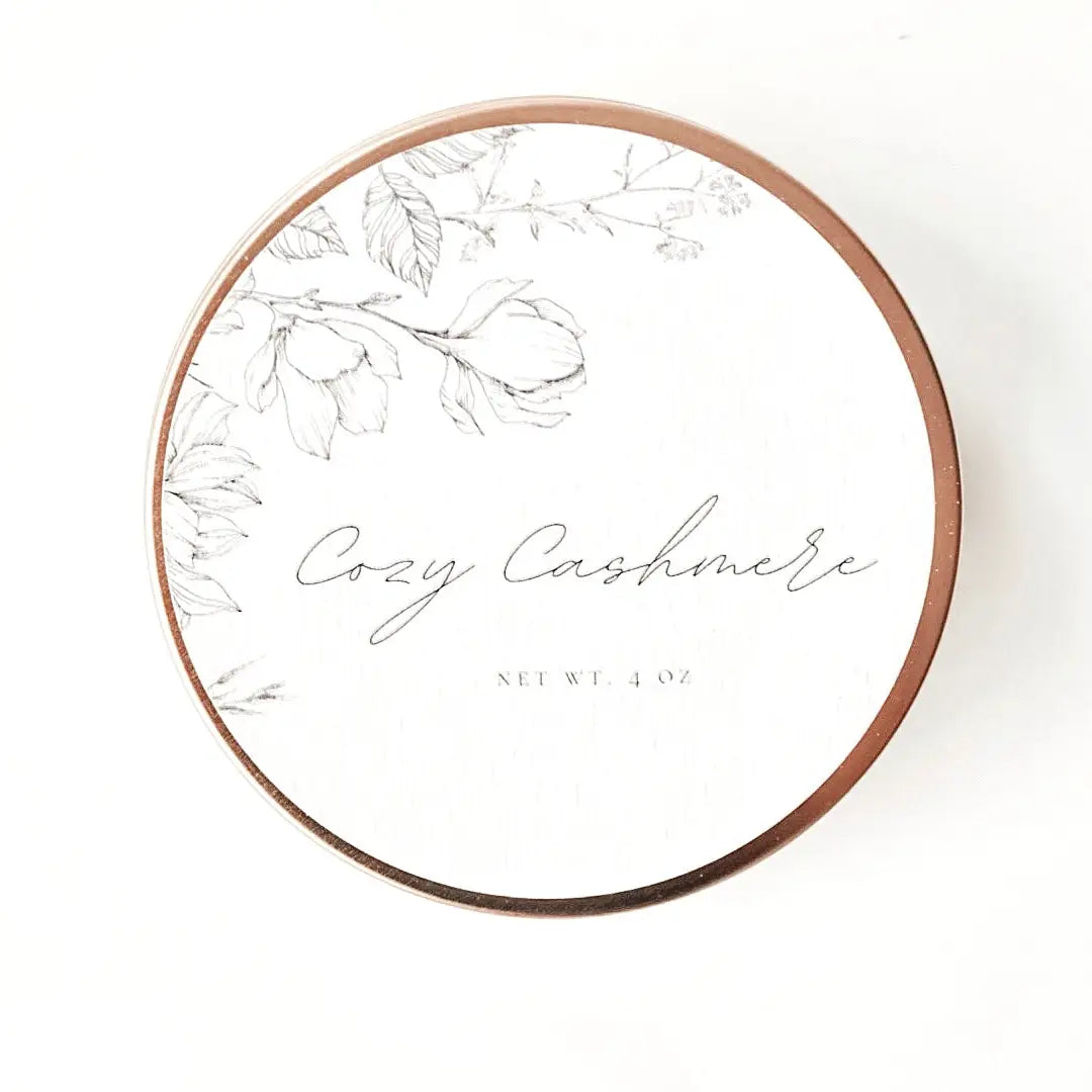 Cozy Cashmere Travel Candle in a chic 4oz tin with a soft, soothing aroma