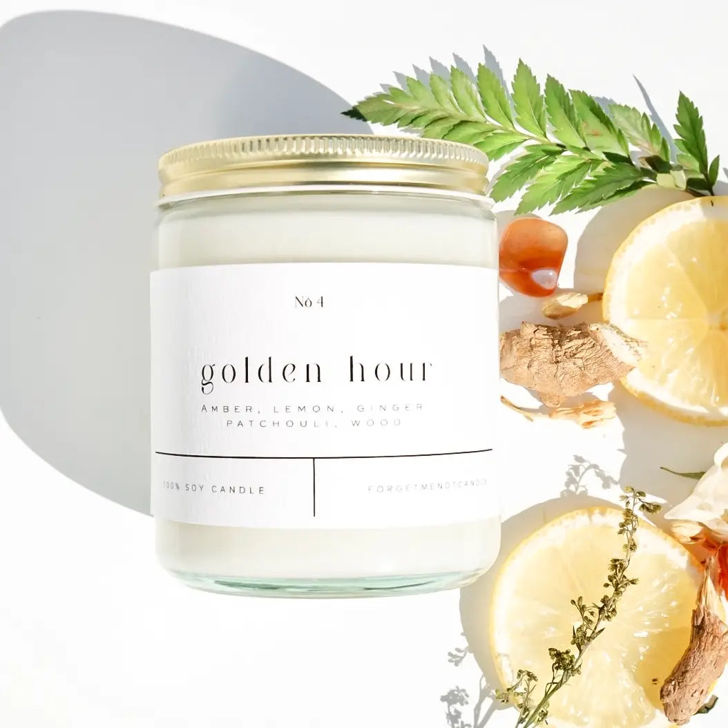 Golden Hour 100% Soy Candle in a 9oz glass jar with warm amber and sandalwood scent