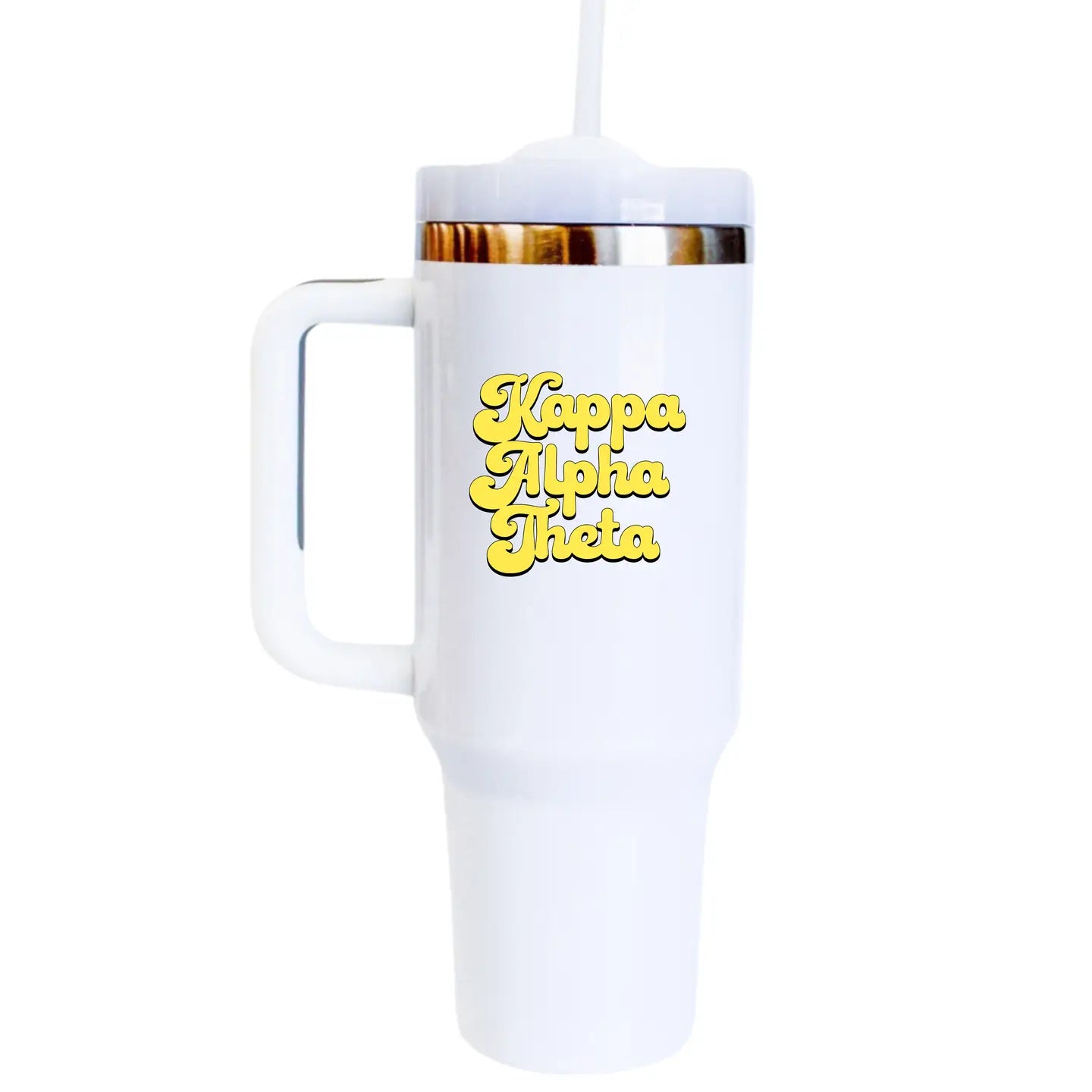 Kappa Alpha Theta tumbler with insulated stainless steel design, featuring bold Kappa Alpha Theta Greek letters and a spill-proof lid, perfect for keeping drinks hot or cold on the go