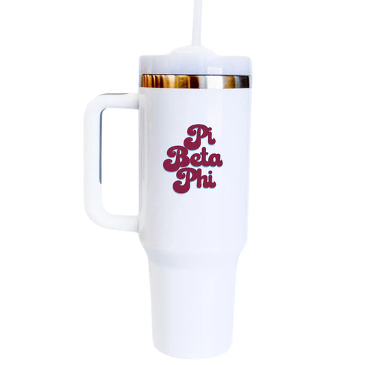 Pi Beta Phi tumbler with insulated stainless steel design, featuring bold Pi Beta Phi Greek letters and a spill-proof lid, perfect for keeping drinks hot or cold on the go