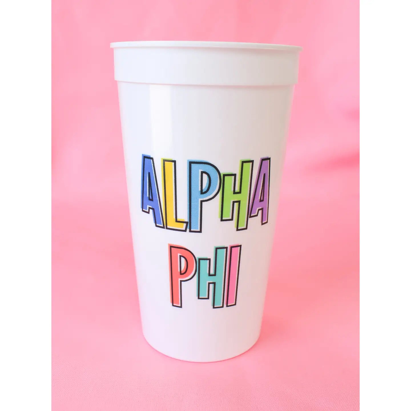 Alpha Phi reusable plastic cup featuring bold Alpha Phi Greek letters, perfect for sorority events, tailgates, and everyday use.