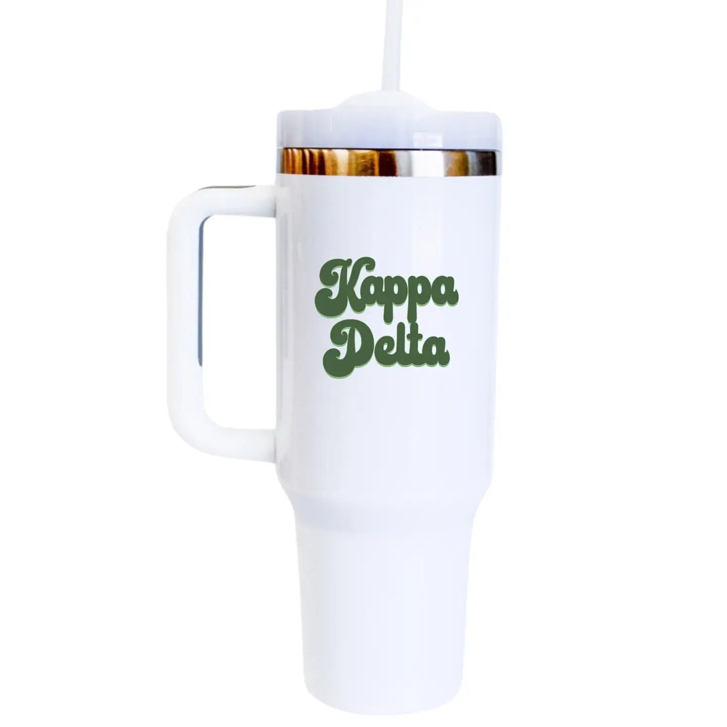 Kappa Delta tumbler with insulated stainless steel design, featuring bold Kappa Delta Greek letters and a spill-proof lid, perfect for keeping drinks hot or cold on the go