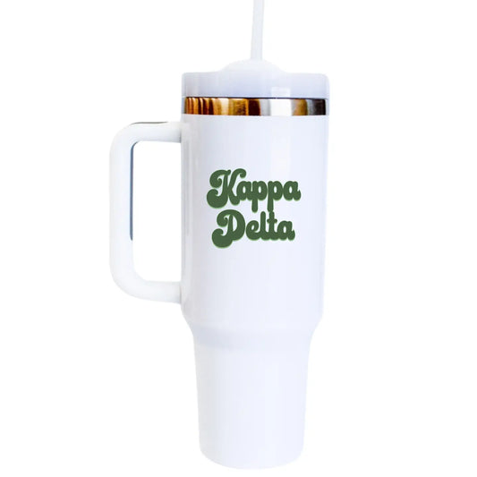 Kappa Delta tumbler with insulated stainless steel design, featuring bold Kappa Delta Greek letters and a spill-proof lid, perfect for keeping drinks hot or cold on the go