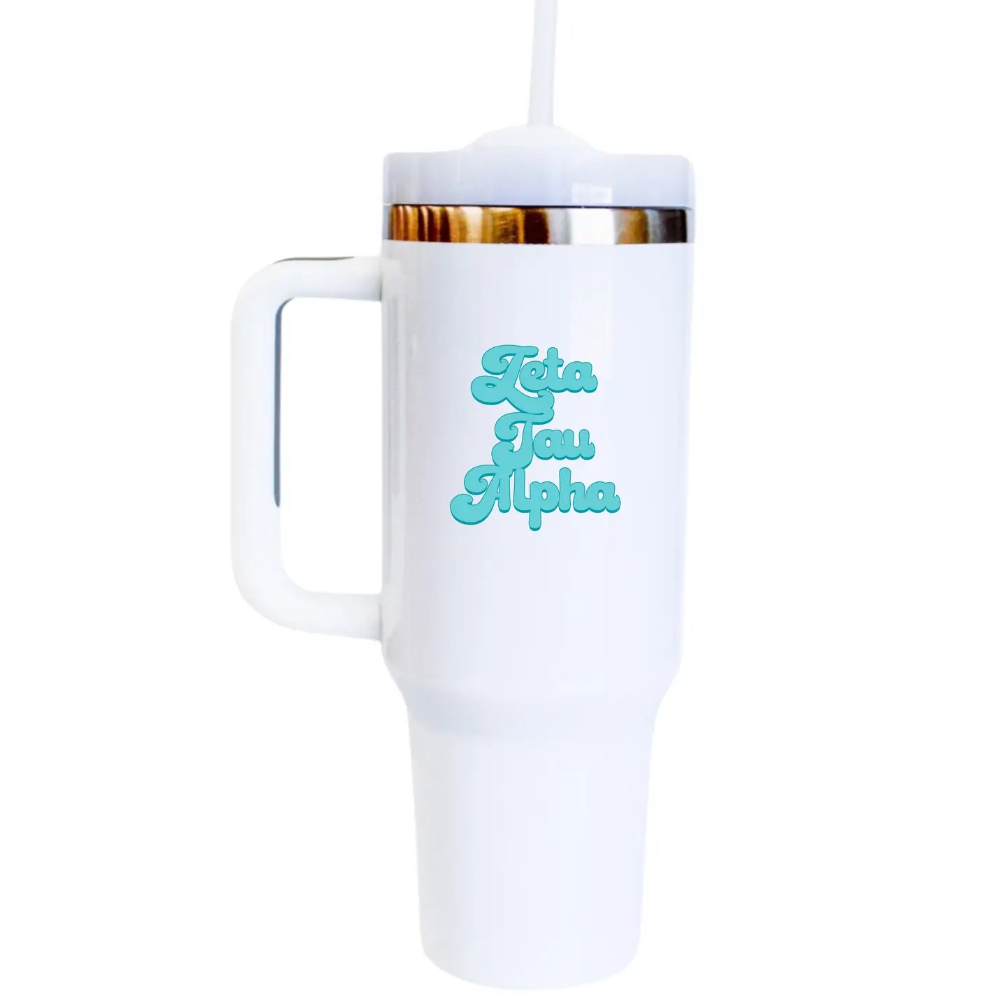 Zeta Tau Alpha tumbler with insulated stainless steel design, featuring bold ZTA Greek letters and a spill-proof lid, perfect for keeping drinks hot or cold on the go